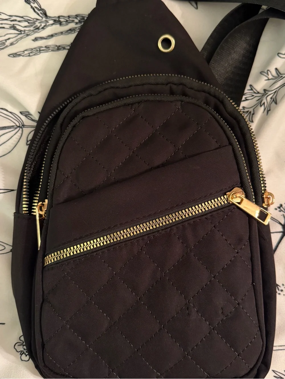Amazon Black Quilted Crossbody Sling Bag with Gold Zippers